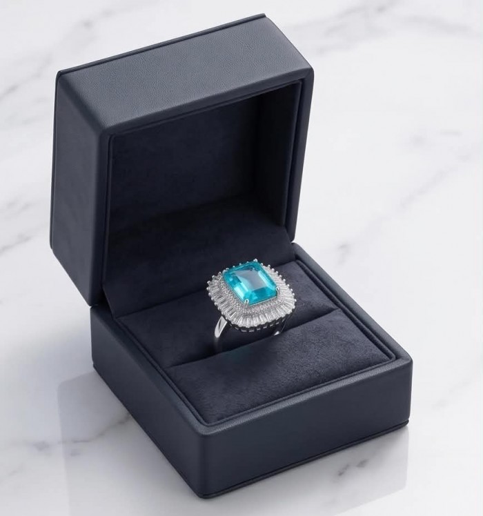 Blue Wonderland 15.5 carat Paraiba Tourmaline .925 Sterling Silver Handcrafted Ring size 8 1/4 - Paraiba Tourmaline ring in box, angled view, 15.5 carat, .925 Sterling.