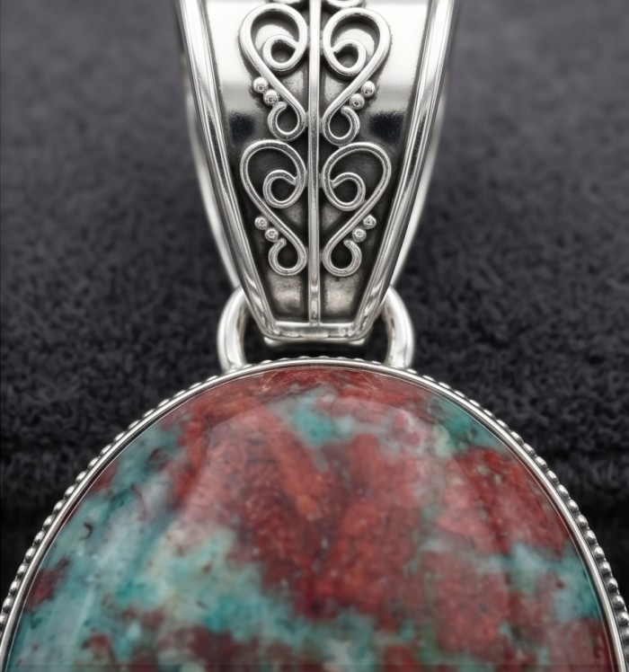 Unique Vintage Design Natural Sonora Jasper .925 Sterling Silver handmade Pendant - Close-up of Sonora Jasper pendant with intricate sterling silver detail.