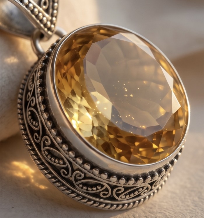 Golden Planet Oval cut 55.3 carat Lemon Quartz .925 Sterling Silver handcrafted LARGE pendant - Close-up of oval cut lemon quartz in ornate silver setting