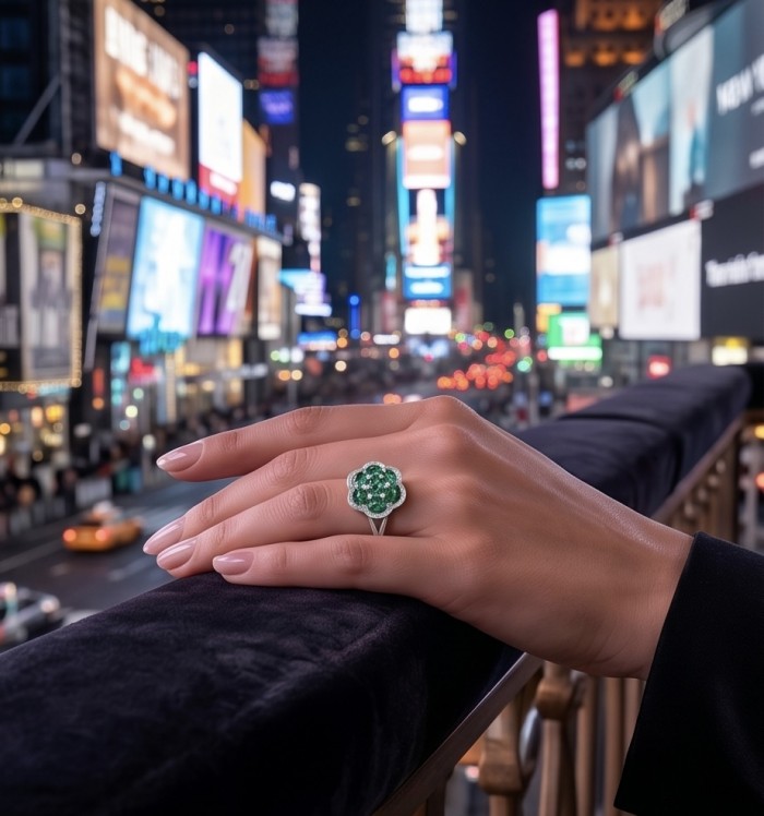 SPRING 6.5 carat Chrome Diopside .925 Sterling Silver handcrafted ring size 6 - SPRING 6.5 ct Chrome Diopside ring, worn on hand, city lights background