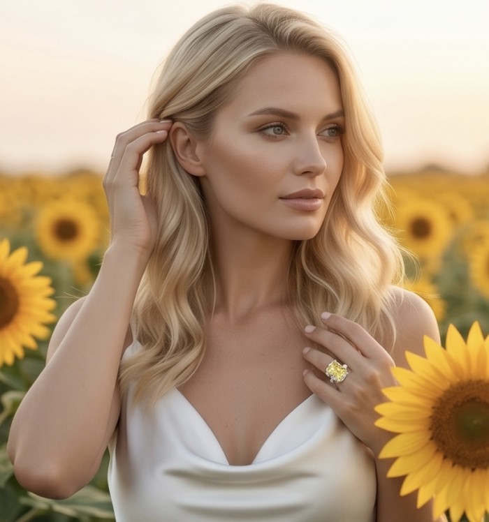 Jolie - Luxurious baguette cut 22.7 carat Yellow Sapphire rhodium over .925 Sterling Silver handcrafted Ring s. 6 1/4 - Woman wearing Jolie 22.7 carat Yellow Sapphire ring in sunflower field