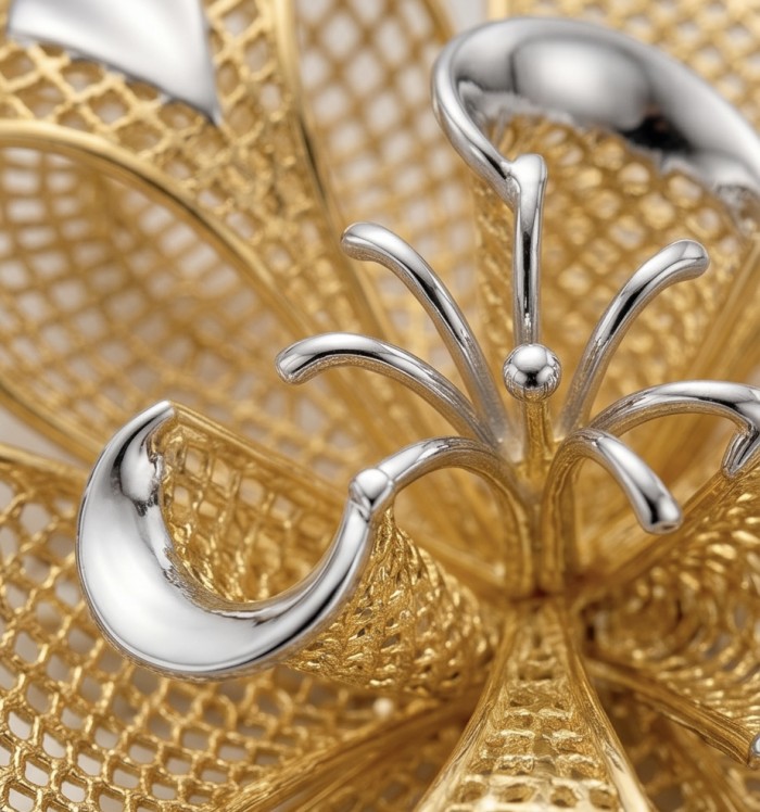 Dubai Style - Golden Rose .925 Sterling Silver dipped in 22K Gold handmade Pendant - Close-up of Dubai Style golden rose in .925 sterling silver filigree.
