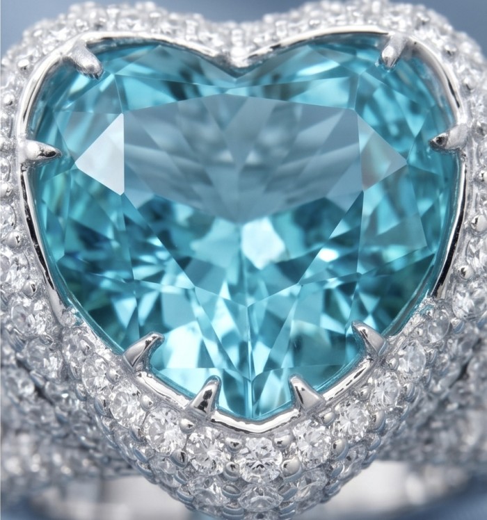 Deep Desire HEART SHAPE 18.8 carat Paraiba Tourmaline .925 Sterling Silver handcrafted ring size 8 - Close-up of heart-shaped Paraiba Tourmaline surrounded by diamonds.