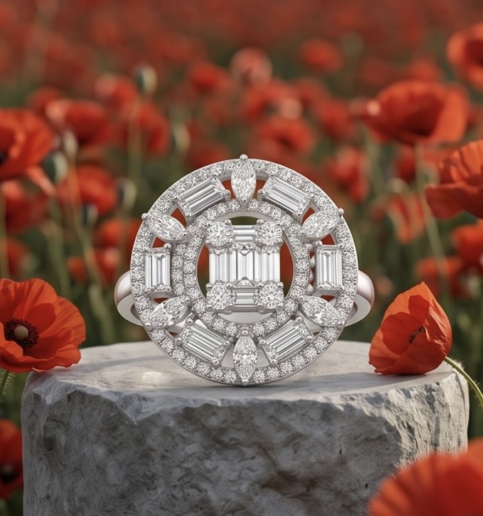 Art Deco 6.5 carat White Topaz .925 Sterling Silver ring size 8 - Front view of Art Deco ring with white topaz on stone base, poppies background
