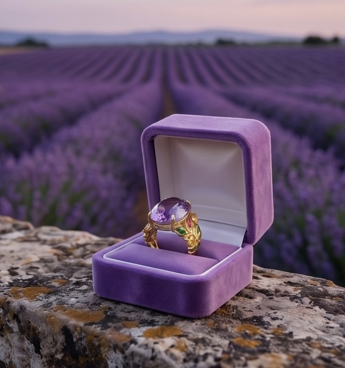 Peace 17.5 carat fancy Rose cut natural Amethyst 22K Gold over .925 Sterling Silver Handcrafted Ring size 6 1/4 - Amethyst ring in box, lavender field background, top view.