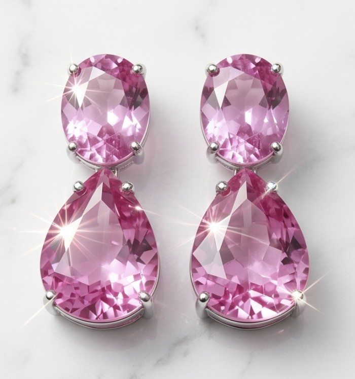 Large - Tiffany - authentic oval cut 49.7 carat Pink Sapphire .925 Sterling Silver handcrafted Earrings - Close-up of large pink sapphire earrings with teardrop and oval cuts.