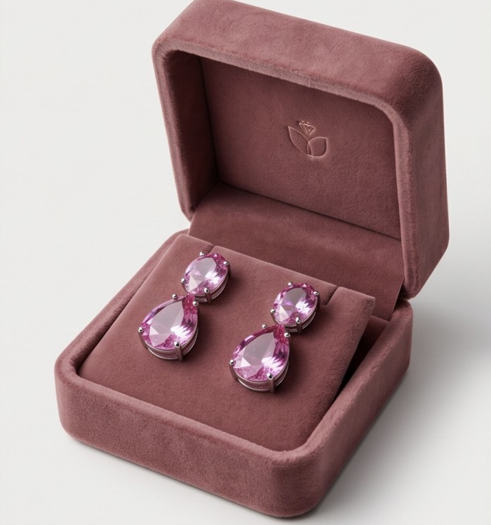 Large - Tiffany - authentic oval cut 49.7 carat Pink Sapphire .925 Sterling Silver handcrafted Earrings - Pink sapphire earrings in velvet box, front view