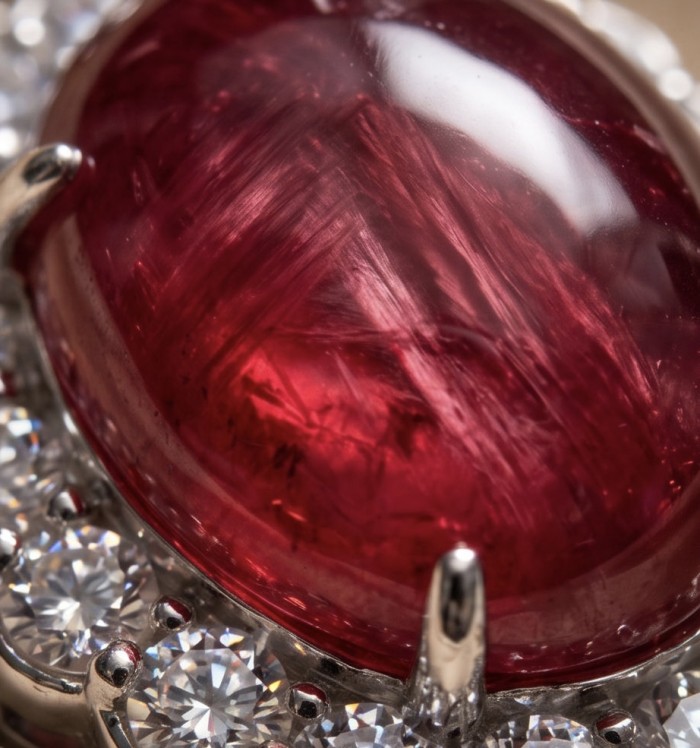 Rare finding! Deluxe 57.2 carat authentic Kashmir Ruby rhodium over .925 Sterling Silver handmade Statement Pendant - Close-up of deluxe 57.2 carat Kashmir Ruby with diamond accents