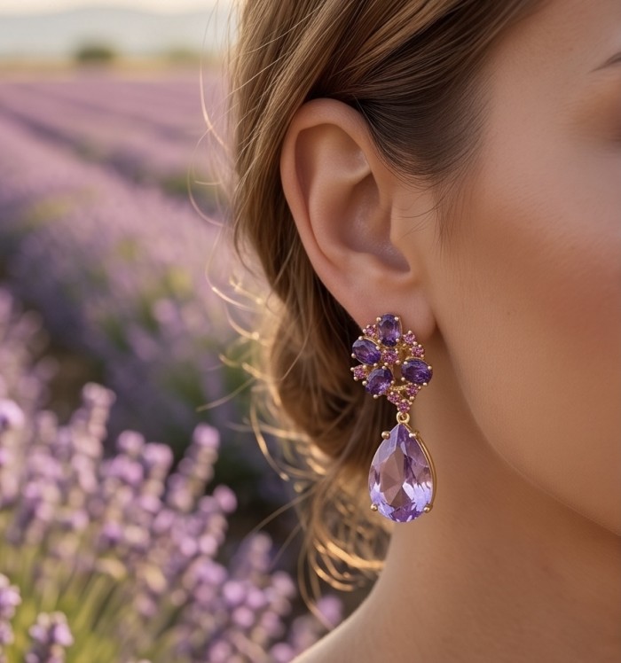 Lavender Beauty authentic 11.2 carat Amethyst 22K Gold over .925 Sterling Silver handcrafted earrings - Close-up of Lavender Beauty amethyst earring worn on ear in lavender field.