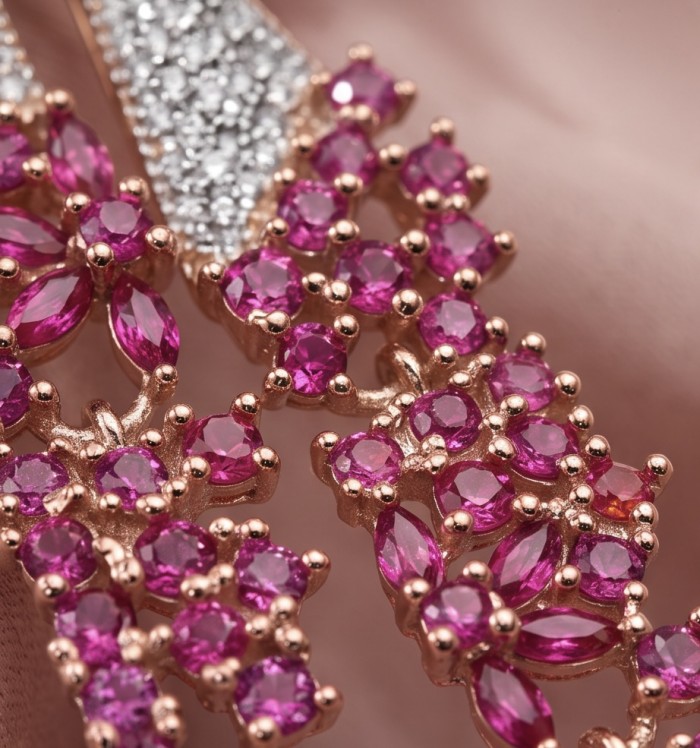 Byzantine Style 6.5 carat Ruby 18K Rose Gold over .925 Sterling Silver handcrafted pendant - Close-up of Byzantine style ruby and diamond earrings in rose gold.