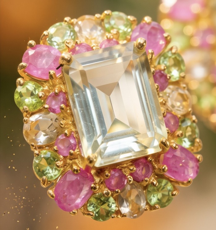 Esperanza - Luxurious 22.2 Lemon Quartz 18K Gold over .925 Sterling Silver handmade Earrings - Stone close-up of 22.2 Lemon Quartz with colorful gems in 18K gold setting