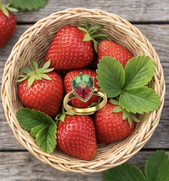 6.8 carat Brazilian Tourmaline .925 Sterling Silver dipped in 18K Gold Perfectly handcrafted Ring s. 8 - Close-up of a Brazilian tourmaline ring in a basket of strawberries.