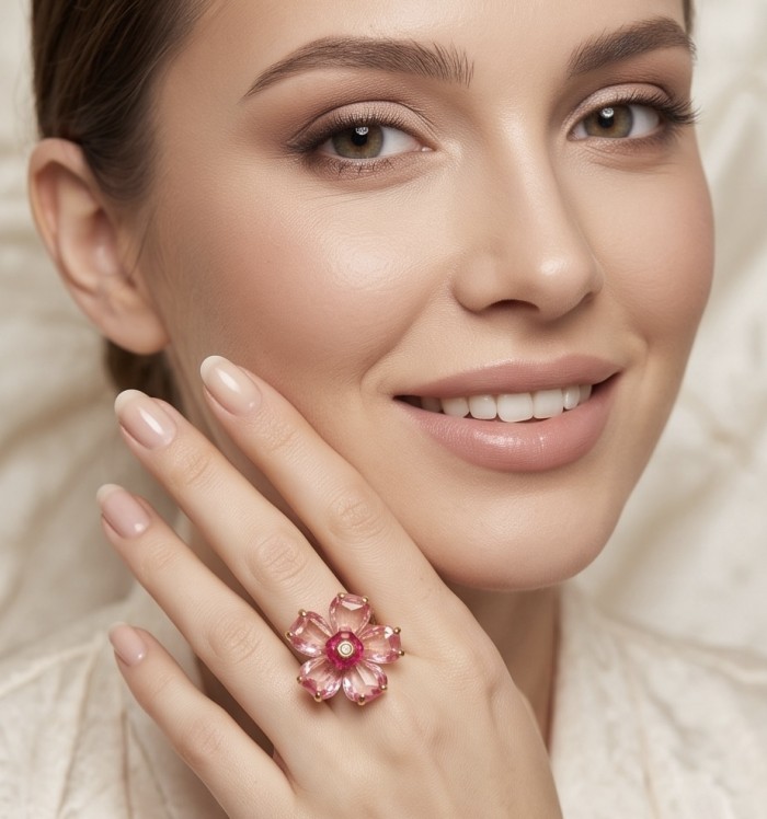 Cherry Blossom 27.5 carat Pink Amethyst 14K Gold over .925 Silver handcrafted Cocktail Ring s. 7 - Pink amethyst flower ring worn on hand, close-up view.