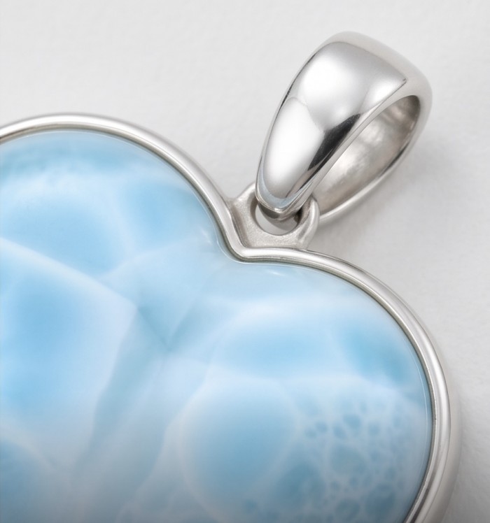 Blue Angel's Heart amazing quality natural Larimar .925 Sterling Silver handmade pendant - Stone close-up of blue heart-shaped Larimar pendant with silver setting