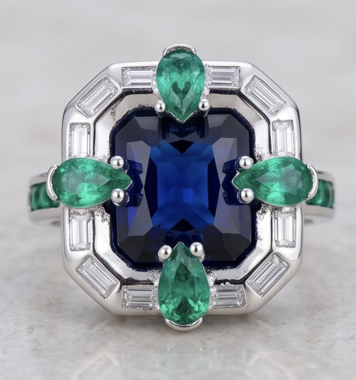 Art Deco 8.6 ctw Sapphire Emerald .925 Sterling Silver handcrafted Statement Ring size 8 - Close-up of Art Deco sapphire and emerald ring in sterling silver.