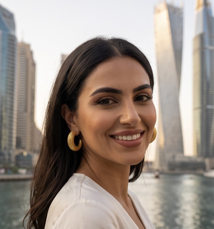 Dubai Style - .925 Sterling Silver dipped in 22K Gold handmade Earrings - Woman wearing gold hoop earrings, background cityscape.