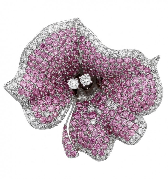 Red Hibiscus 8.2 carat authentic Mozambique Ruby .925 Sterling Silver dippedin rhodium handcrafted Statement Ring size 6 - Pink and white stone hibiscus brooch, top view