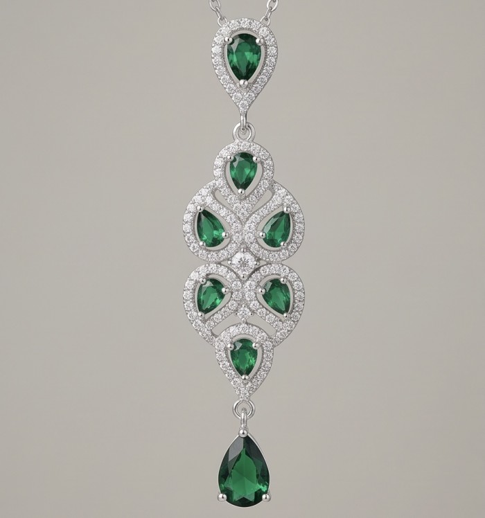 Authentic 6.5 carat Tsavorite Garnet rhodium over .925 Sterling Silver handmade Statement Pendant - Front view of Tsavorite Garnet pendant with intricate design.