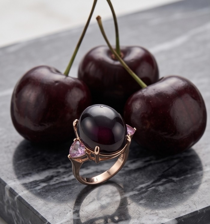 Cherry-Pick Natural 28.4 carat Mozambique Star Ruby .925 Sterling Silver dipped in 22K Gold handmade Large Statement Ring size 7 1/2 - Close-up of ring with large ruby and pink accents next to cherries.