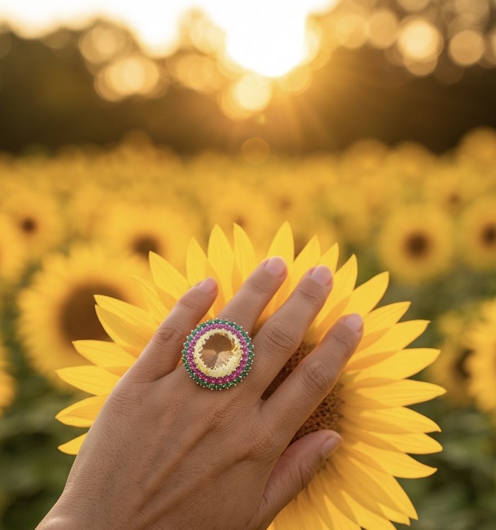 Gabriella 42.6 carat Lemon Quartz Peridot rhodium over .925 Sterling Silver handcrafted Statement ring size 9 - Lemon Quartz ring on hand, sunflower background, sunny setting.