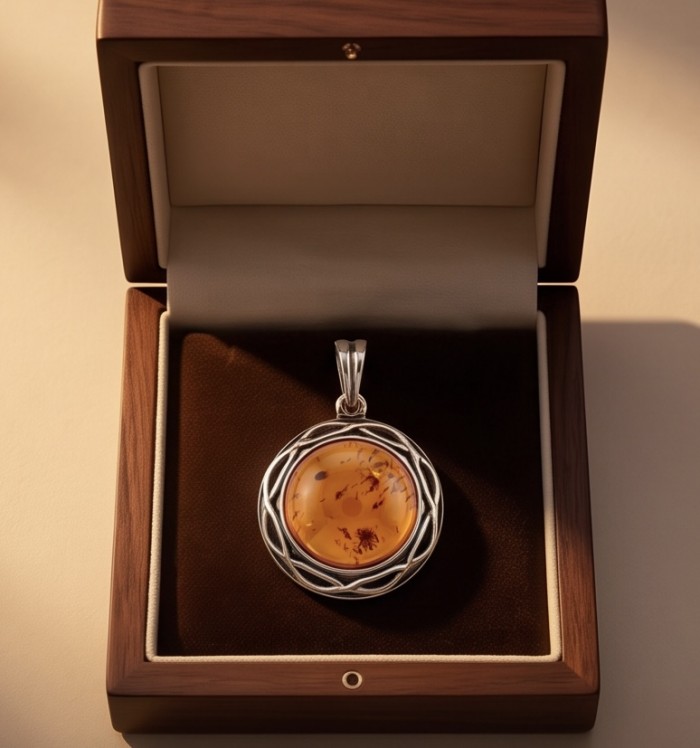 Prehistoric Authentic Baltic Amber .925 Sterling Silver beautifully handcrafted Pendant - Amber pendant in box, top view, silver setting details visible.