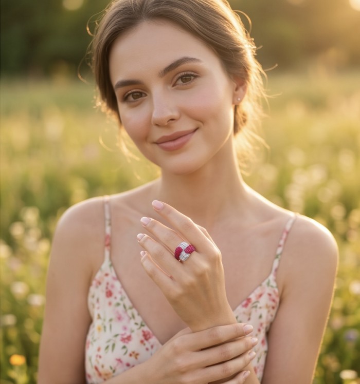 Scarlett 7.7 ctw Mozambique Ruby .925 Sterling Silver dipped in rhodium handcrafted Statement Ring size 7 1/4 - Woman wearing Scarlett Mozambique Ruby ring in a garden setting.