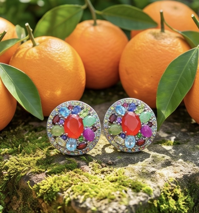 Jasmine - 19.2 carat BRAZILIAN Carnelian .925 Sterling Silver dipped in rhodium handcrafted incredible Statement earrings - Vibrant gemstone earrings on moss with oranges; front view.