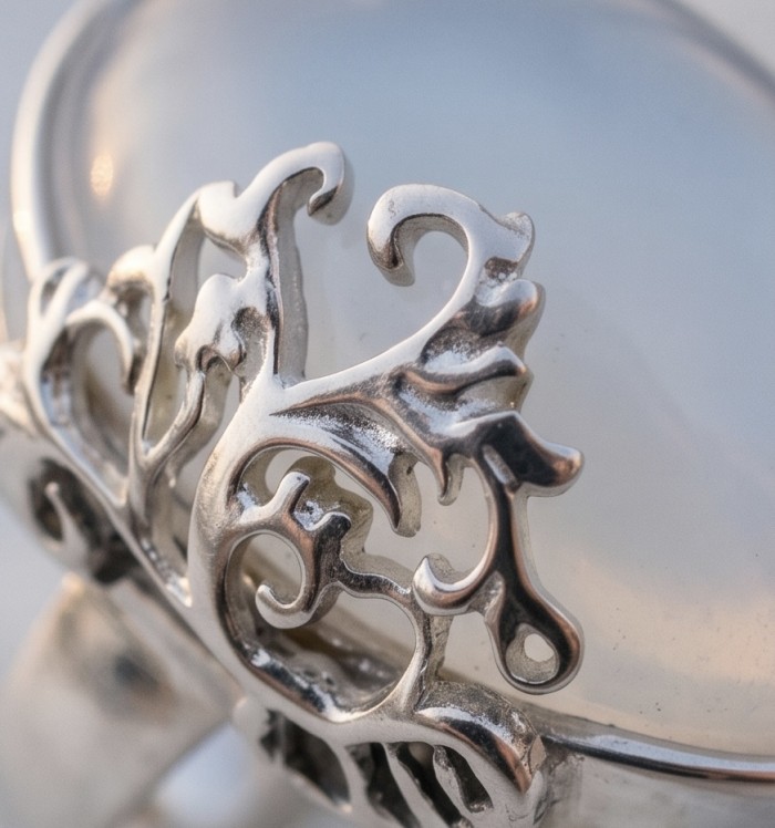 Top quality 22.2 carat Brazilian Rose Quartz .925 Sterling Silver dipped in rhodium Handcrafted Ring size 8 - Close-up of ornate .925 silver setting with Brazilian Rose Quartz stone.