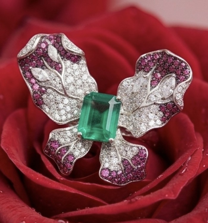 Iconic design - Exclusive Bow- Natural 4.5 carat carved Emerald pave 3.4 carat Ruby rhodium over .925 Sterling Silver handcrafted ring size 6 1/2 - Emerald bow ring on rose, showcasing stone and detailed leaf design.