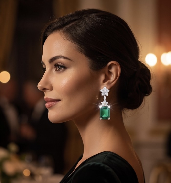 Authentic 14.8 CARAT Siberian Chrome Diopside rhodium over .925 Sterling Silver handcrafted earrings - Side view of woman wearing 14.8 carat Siberian Chrome Diopside earrings