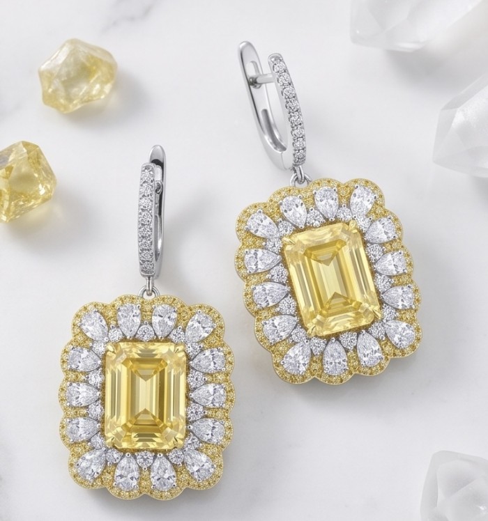 Esperanza - Luxurious 12.2 Lemon Quartz rhodium over .925 Sterling Silver handmade Earrings - Luxurious lemon quartz drop earrings, top view with crystal accents.