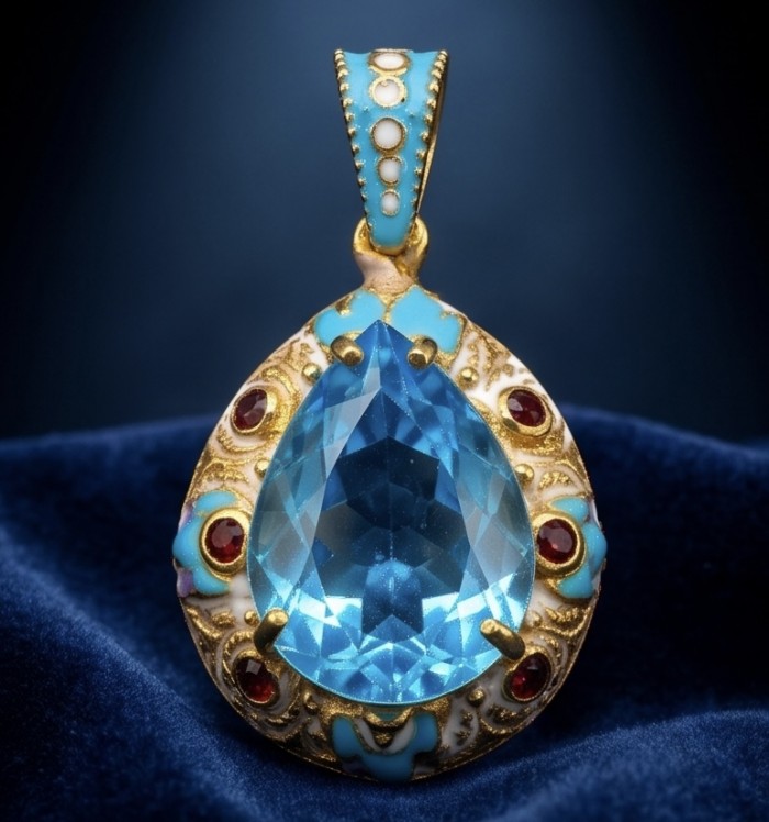 Atlantica - amazing quality PEAR cut 34.5 CARAT genuine Swiss Blue Topaz Enamel 22K Gold over .925 Sterling Silver handmade pendant - Close-up of pear-cut blue gemstone pendant on a velvet background.