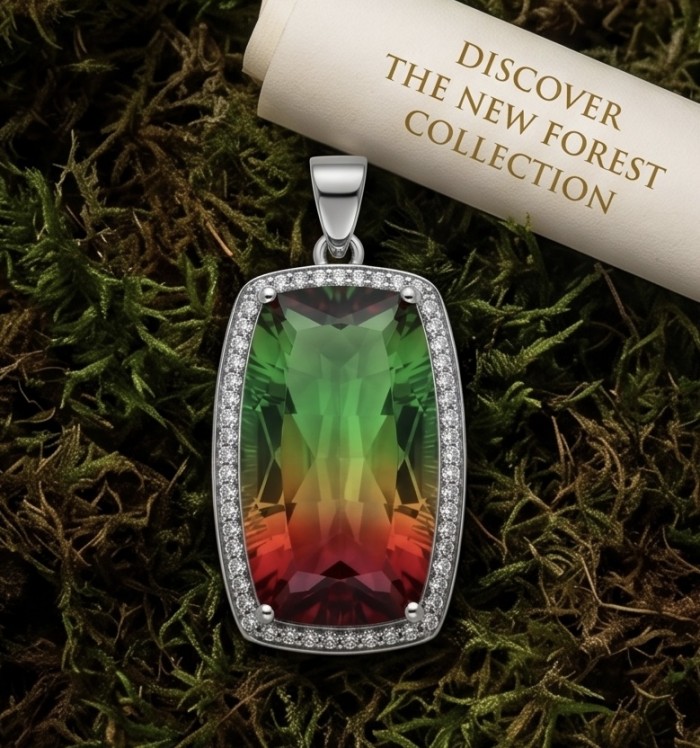 Isabella 18.2 carat baquete cut Brazilian Tourmaline .925 Sterling Silver Perfectly handcrafted pendant - Close-up of Isabella 18.2 carat Brazilian Tourmaline pendant on moss.