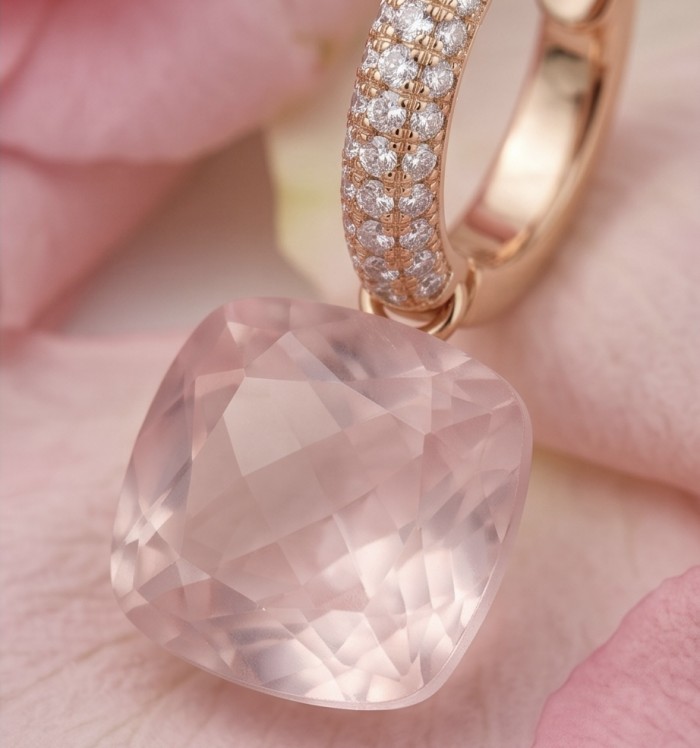 The Love Stone - Authentic 5.9 carat Rose Quartz .925 Sterling Silver luxuriously dipped in 22K Rose Gold handmade earrings - Close-up of rose quartz pendant with diamond-encrusted hoop.