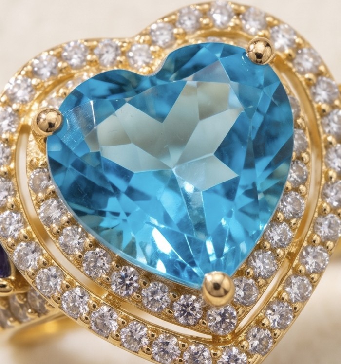 ANGEL'S HEART 6.8 carat Swiss Blue Topaz .925 Sterling Silver dipped in 22K Gold handcrafted ring size 8 - Close-up of Swiss Blue Topaz heart with diamond halo in gold setting.