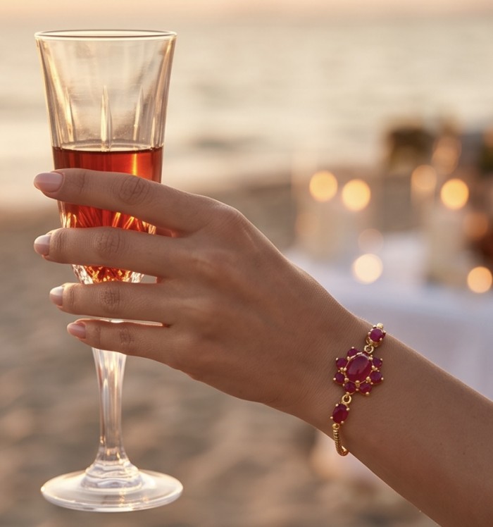 Bella Rosa - 29.4 carat authentic Mozambique Ruby .925 Sterling Silver dipped in 22K Gold handcrafted Bracelet - Worn on hand, Bella Rosa 29.4 carat Mozambique Ruby bracelet, beach backdrop