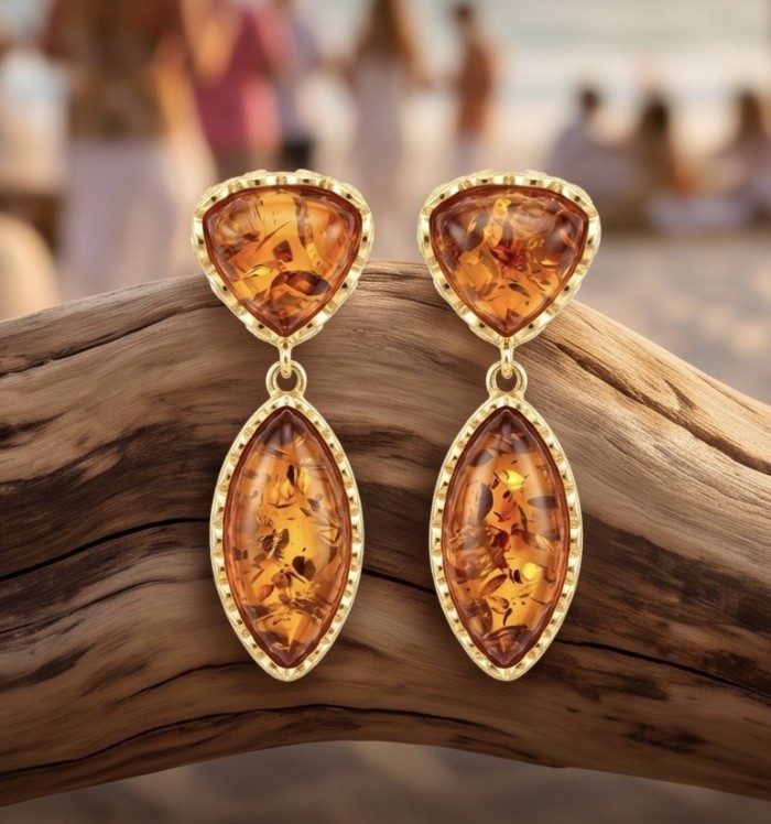 Golden authentic Baltic Amber 14K Gold over .925 Sterling Silver earrings - Amber earrings with 14K gold on wood, beach background.