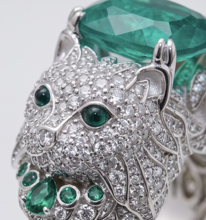 Elegant luxurious Cats 8.9 carat Colombian Emerald 2.1 carat Moissanite rhodium over .925 Silver handcrafted Cocktail Ring s. 8 - Close-up of cat-shaped jewelry with emeralds and diamonds.