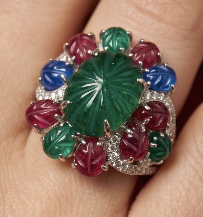 Giovanna 15.5 carat Emerald Ruby Sapphire rhodium over .925 Sterling Silver handcrafted ring size 8 - Close-up of Giovanna ring with emerald, ruby, sapphire worn on hand.