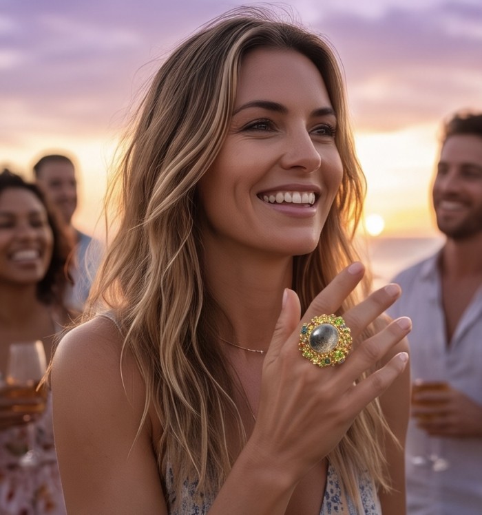 Giant! - The best quality genuine 26.5 carat Phantom Quartz 18K Gold over .925 Sterling Silver handmade Statement Ring s. 6 - Woman wearing a Giant! 26.5 carat Phantom Quartz ring on hand.