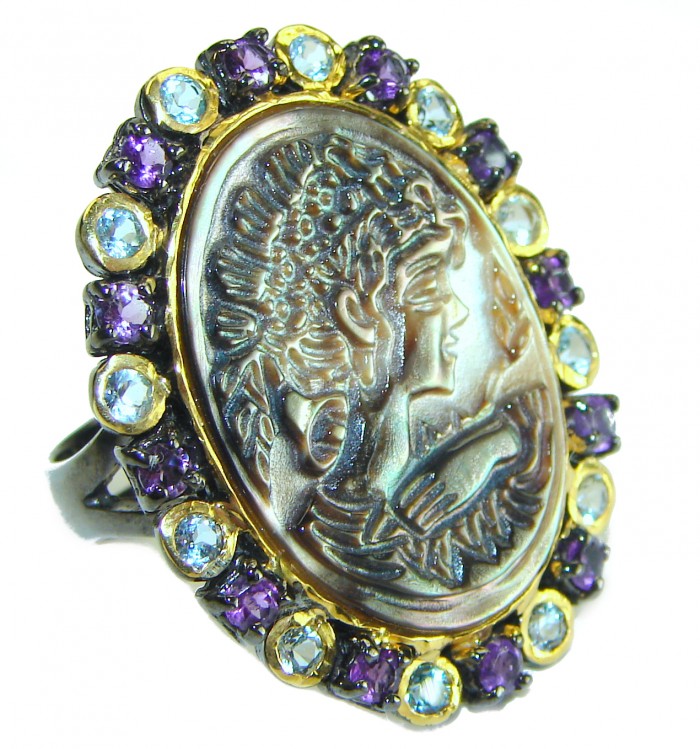 Vintage design Genuine Cameo Rainbow Abalone black rhodium over .925 Sterling Silver handcrafted Large ring; s. 8 1/2 - photo 3