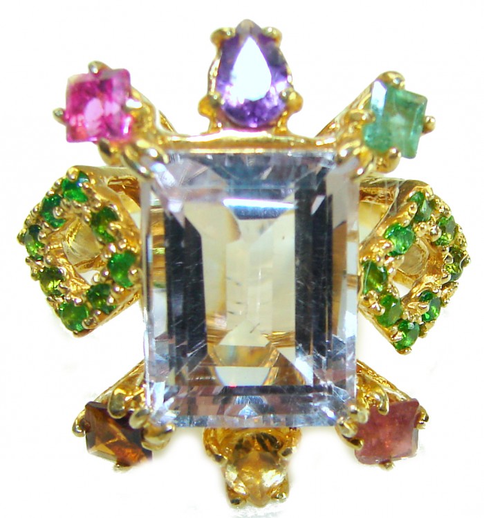 Blooming Orchid 17.5 carat Pink Amethyst 14K Gold over .925 Silver handcrafted Cocktail Ring s. 9 - Close-up of Blooming Orchid Pink Amethyst ring with colorful gems.