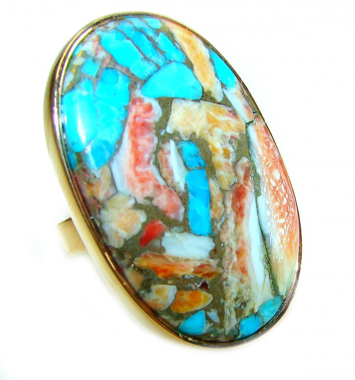 Blessed with Abundance 44.5 carat Oyster Turquoise 18K Gold over .925 Sterling Silver handcrafted Large ring; s. 9 adjustable - Side view of Blessed with Abundance 44.5 carat Oyster Turquoise ring