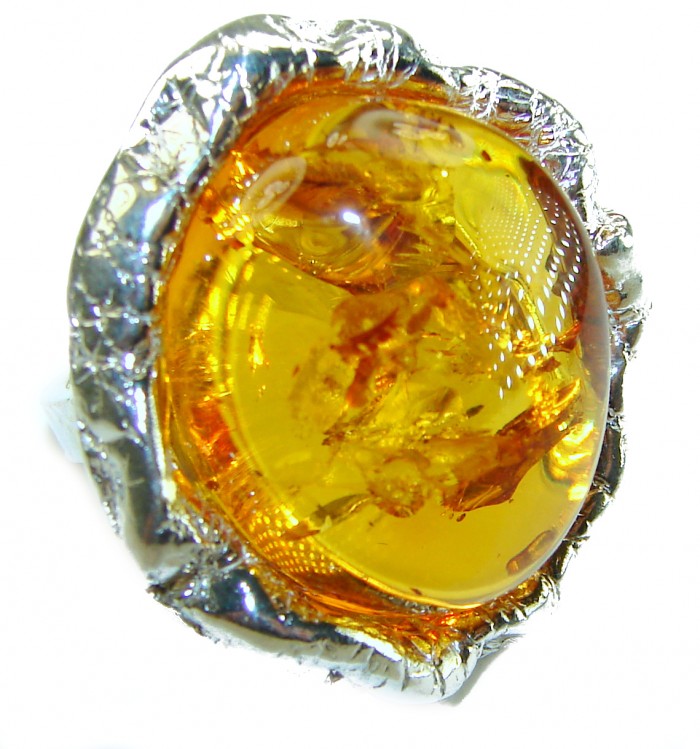 Large Golden Power natural Baltic Amber .925 Sterling Silver handcrafted ring; s. 7 adjustable - Close-up of large golden amber stone set in .925 sterling silver.