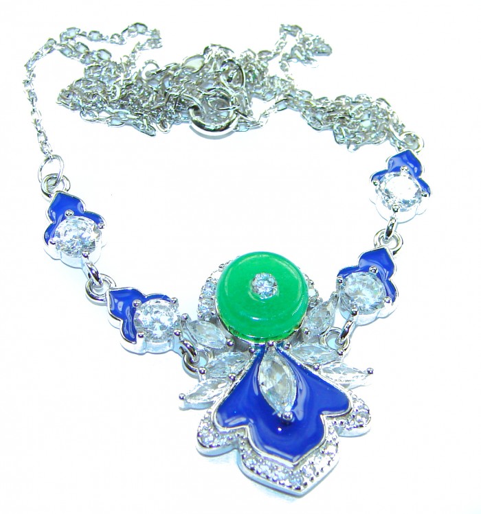 Art Deco - 5.8 carat Jade coral lapis lazuli enamel .925 Sterling Silver handmade Necklace - Art Deco necklace front view with jade and lapis lazuli accents