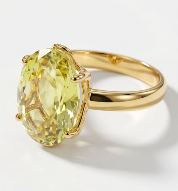 Solid 14.8 carat Genuine Lemon Quartz 18K Gold over .925 Sterling Silver handcrafted ring size 9 - Side view of Lemon Quartz ring in 18K gold setting.