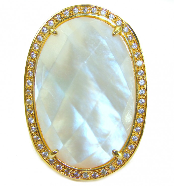 Luxurious Blister Pearl 1.03 carat lab. grown diamonds 18K Gold over .925 Sterling Silver brilliantly handcrafted ring s. 5 1/4 - Oval pearl pendant with diamond halo, front view.
