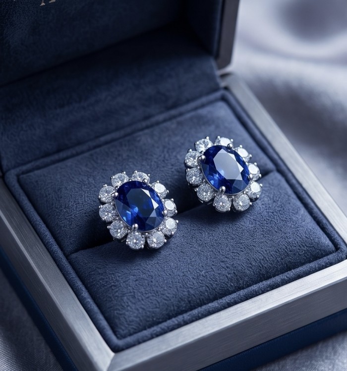 Authentic 10.5 carat Sapphire rhodium over .925 Sterling Silver handcrafted earrings - Sapphire earrings with diamonds in blue velvet box, top view.