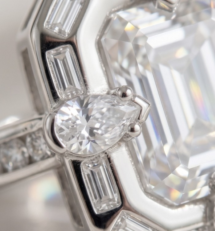 Art Deco 8.6 ctw White TOPAZ .925 Sterling Silver handcrafted Statement Ring size 8 - Close-up of Art Deco 8.6 ctw white topaz in sterling silver setting.