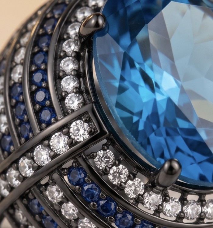 Julietta 18.8 carat London Blue Topaz black rhodium over.925 Sterling Silver handmade Statement Ring size 6 - Close-up of London Blue Topaz with diamonds and sapphires in black rhodium.